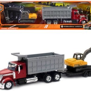 International Lonestar Dump Truck Red and Tracked Excavator Yellow w
