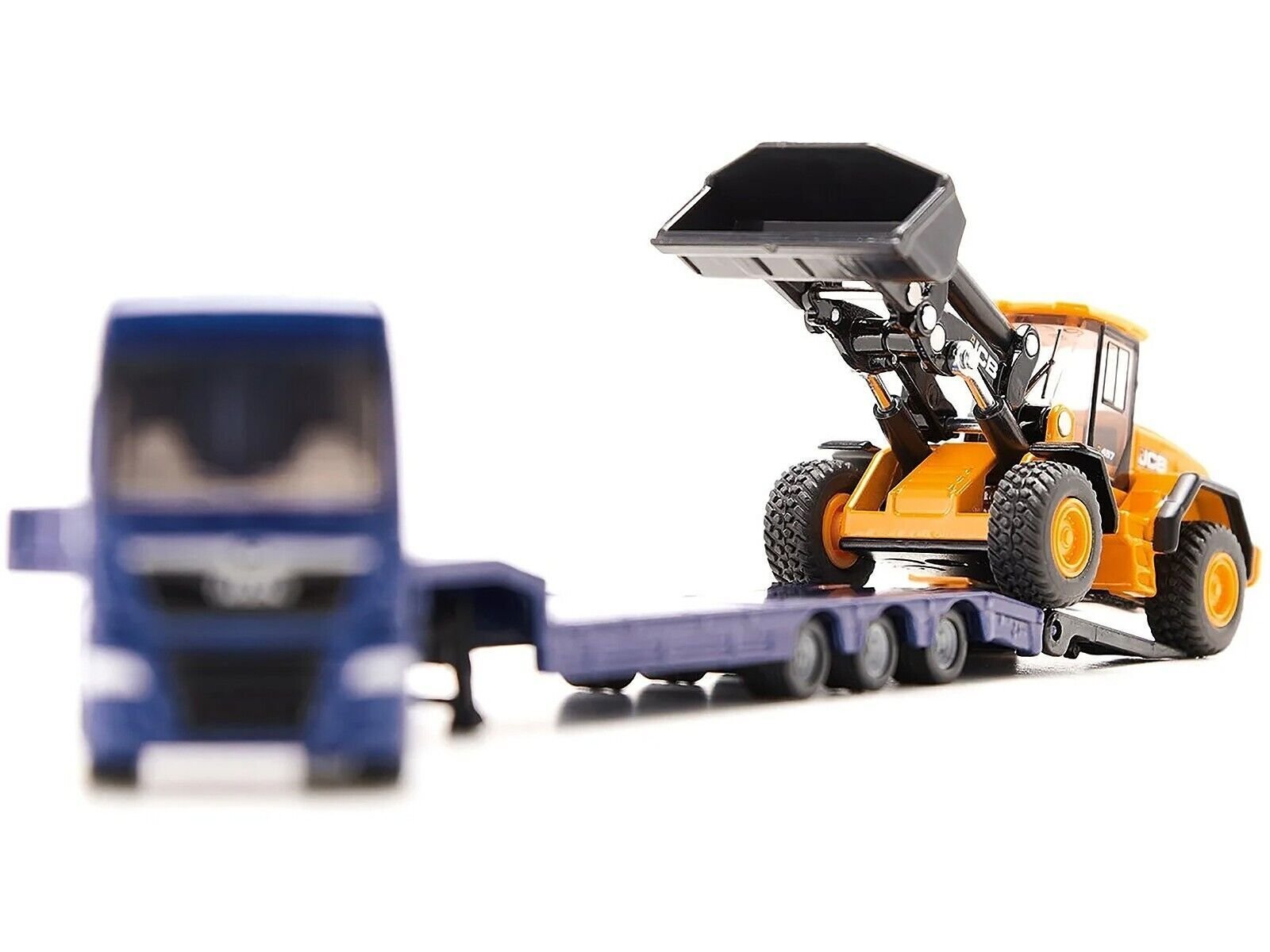 MAN Truck Blue Metallic with Low Loader Trailer and JCB 457 Wheel Loader Yellow 1/87 (HO) Siku Diecast Model collector model product image