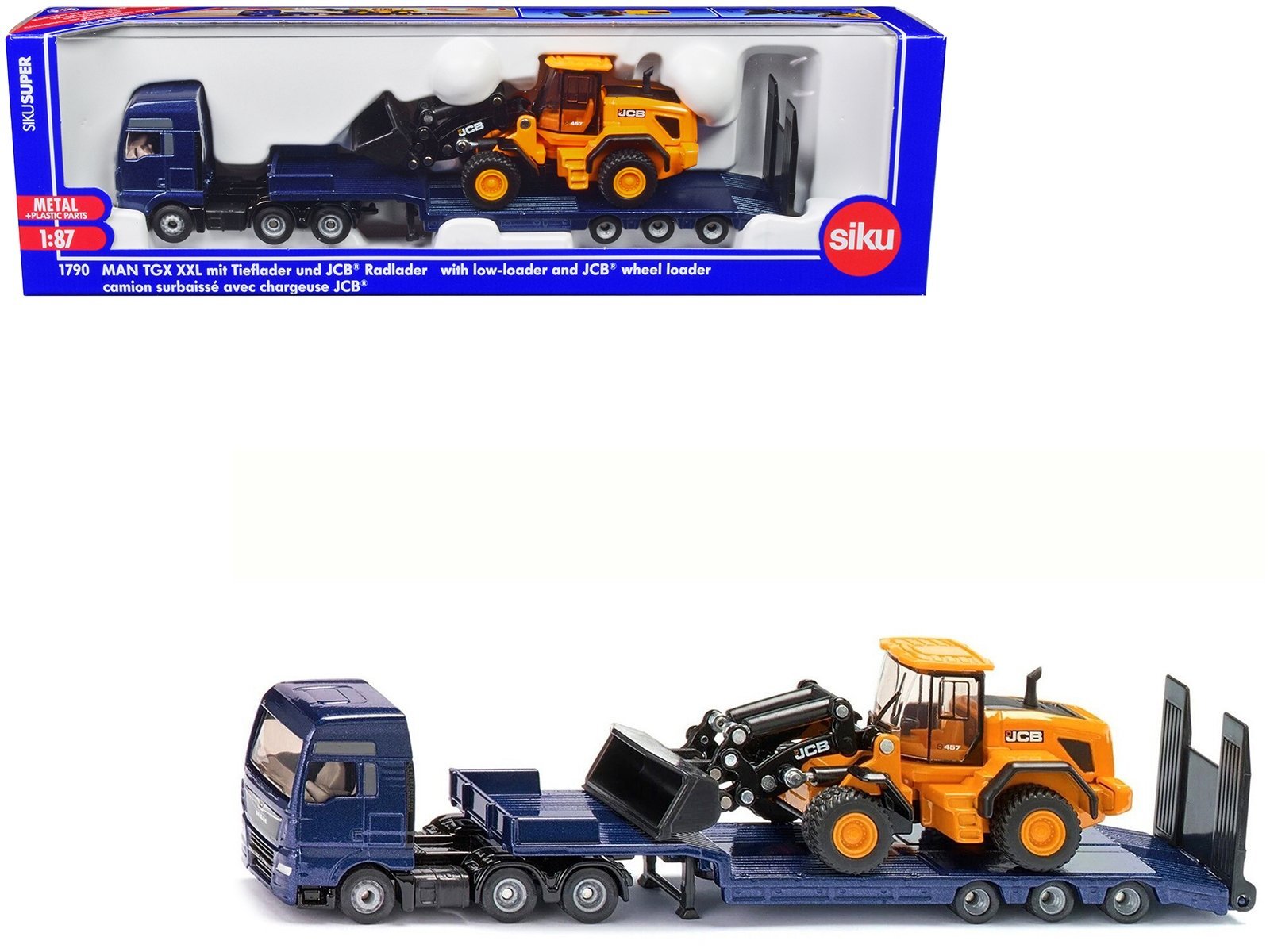MAN Truck Blue Metallic with Low Loader Trailer and JCB 457 Wheel Loader Yellow 1/87 (HO) Siku Diecast Model collector model product image