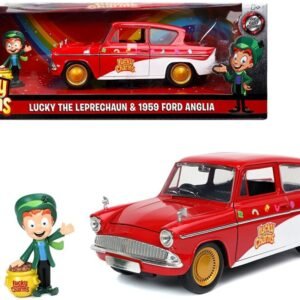 1959 Ford Anglia Red and White with Lucky the Leprechaun Diecast Fig