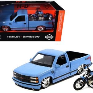 1993 Chevrolet 454 SS Pickup Truck "Harley Davidson" Light Blue and 2007 Harley-Davidson XL 1200N Nightster Motorcycle Light Blue "H-D Custom" Series 1/24 Car Maisto Diecast Model collector model product image