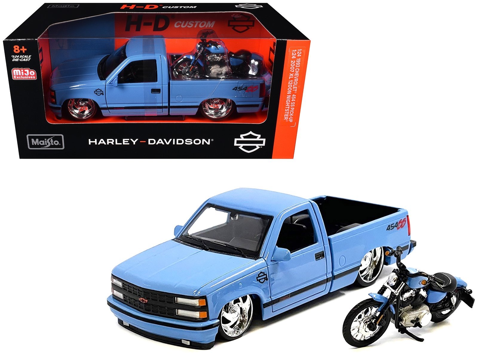 1993 Chevrolet 454 SS Pickup Truck "Harley Davidson" Light Blue and 2007 Harley-Davidson XL 1200N Nightster Motorcycle Light Blue "H-D Custom" Series 1/24 Car Maisto Diecast Model collector model product image