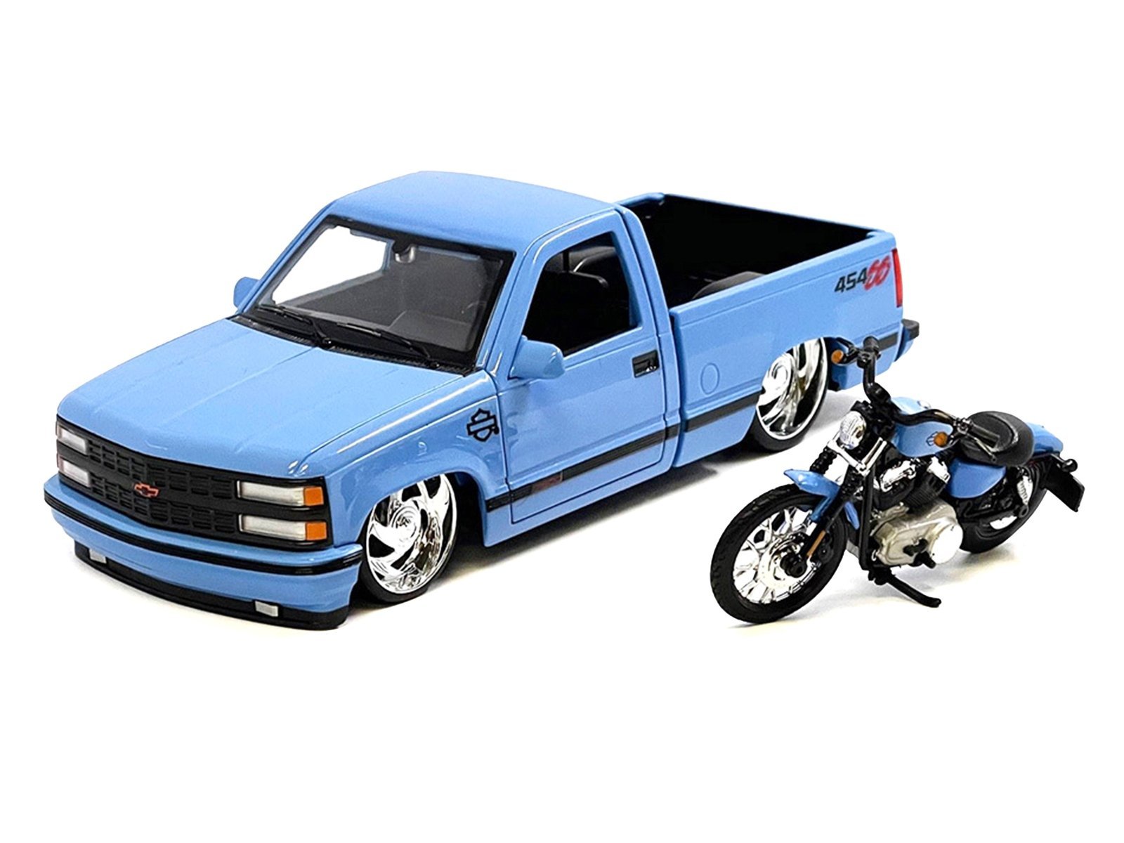 1993 Chevrolet 454 SS Pickup Truck "Harley Davidson" Light Blue and 2007 Harley-Davidson XL 1200N Nightster Motorcycle Light Blue "H-D Custom" Series 1/24 Car Maisto Diecast Model collector model product image