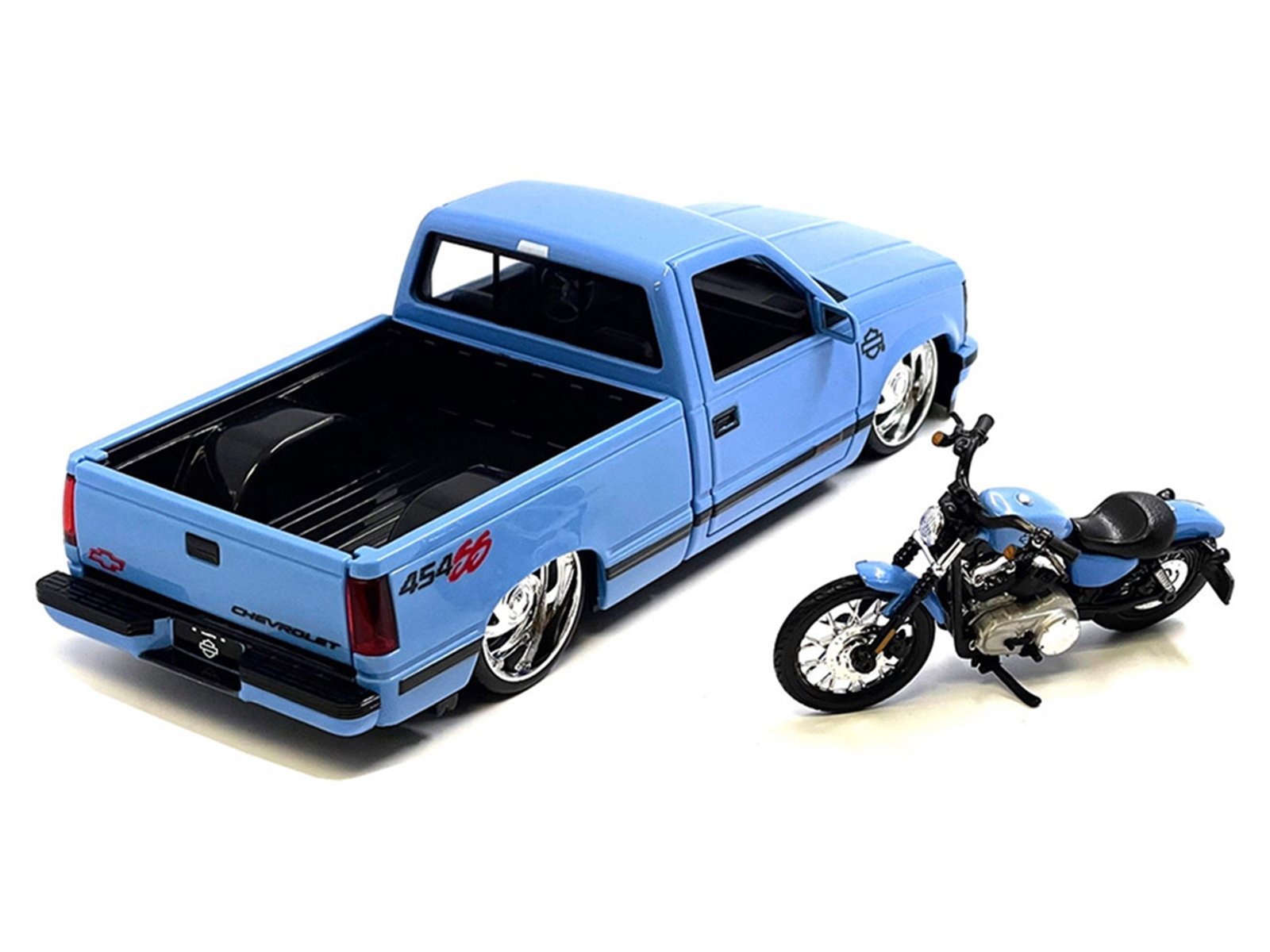 1993 Chevrolet 454 SS Pickup Truck "Harley Davidson" Light Blue and 2007 Harley-Davidson XL 1200N Nightster Motorcycle Light Blue "H-D Custom" Series 1/24 Car Maisto Diecast Model collector model product image