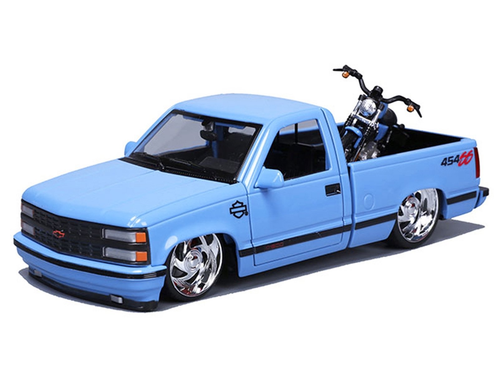1993 Chevrolet 454 SS Pickup Truck "Harley Davidson" Light Blue and 2007 Harley-Davidson XL 1200N Nightster Motorcycle Light Blue "H-D Custom" Series 1/24 Car Maisto Diecast Model collector model product image