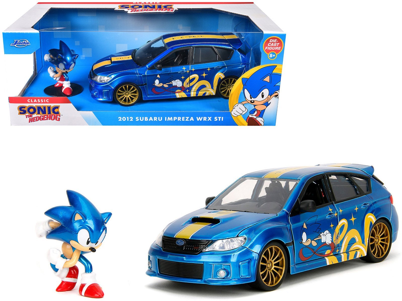 2012 Subaru Impreza WRX STI Blue Metallic with Graphics and Sonic The Hedgehog Diecast Figure "Sonic The Hedgehog" "Hollywood Rides" Series 1/24 Car Jada Diecast Model collector model product image