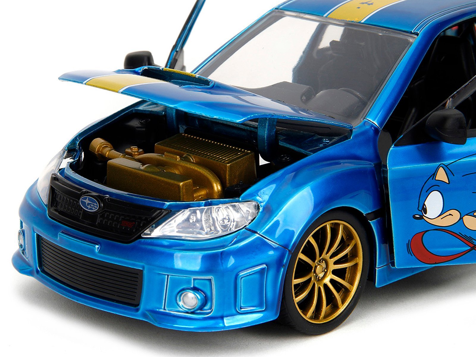 2012 Subaru Impreza WRX STI Blue Metallic with Graphics and Sonic The Hedgehog Diecast Figure "Sonic The Hedgehog" "Hollywood Rides" Series 1/24 Car Jada Diecast Model collector model product image