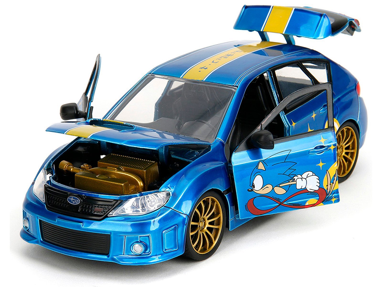 2012 Subaru Impreza WRX STI Blue Metallic with Graphics and Sonic The Hedgehog Diecast Figure "Sonic The Hedgehog" "Hollywood Rides" Series 1/24 Car Jada Diecast Model collector model product image