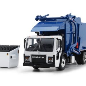 Mack LR Refuse Garbage Truck with McNeilus Meridian Front Loader White and Blue with Trash Bin 1/64 by DCP/First Gear Diecast Model collector model product image