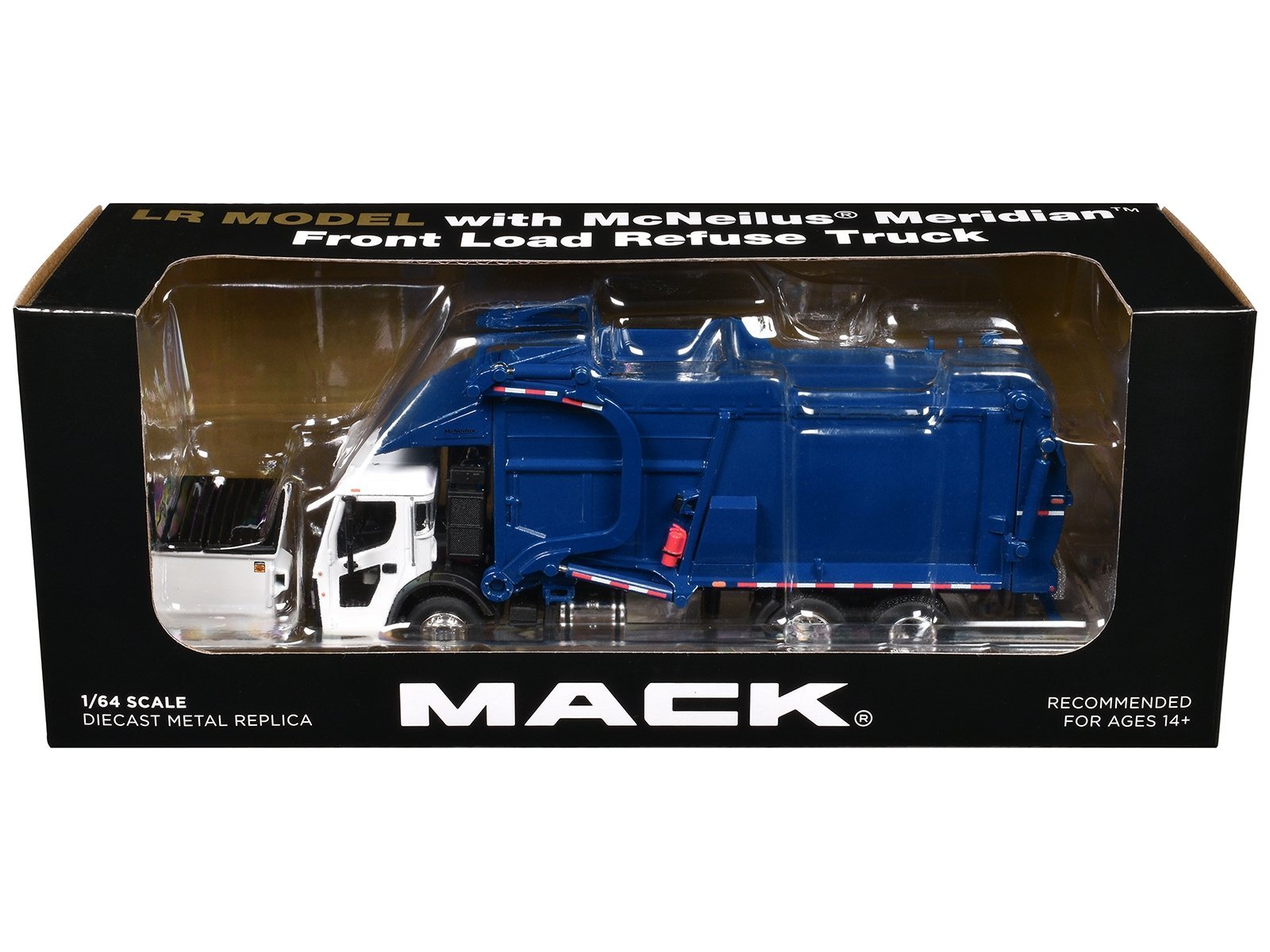Mack LR Refuse Garbage Truck with McNeilus Meridian Front Loader White and Blue with Trash Bin 1/64 by DCP/First Gear Diecast Model collector model product image
