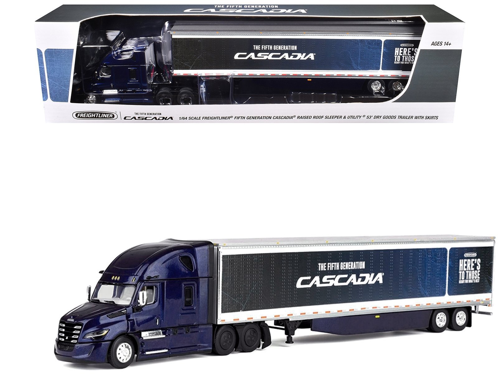 Freightliner Fifth Generation Cascadia Raised Roof Sleeper & 53' Utility Trailer with Skirts Midnight Blue 1/64 by DCP/First Gear Diecast Model collector model product image