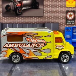 Loose Hot Wheels - Hot Wheels Ambulance - Yellow and Silver with Flames