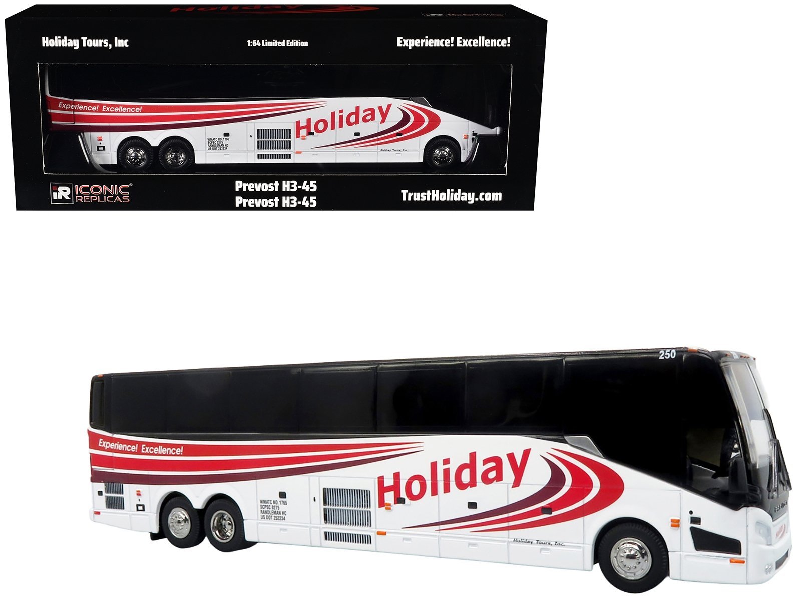 Prevost H3-45 Coach Bus "Holiday Tours" White with Red Graphics Limited Edition 1/64 Iconic Replicas Diecast Model collector model product image