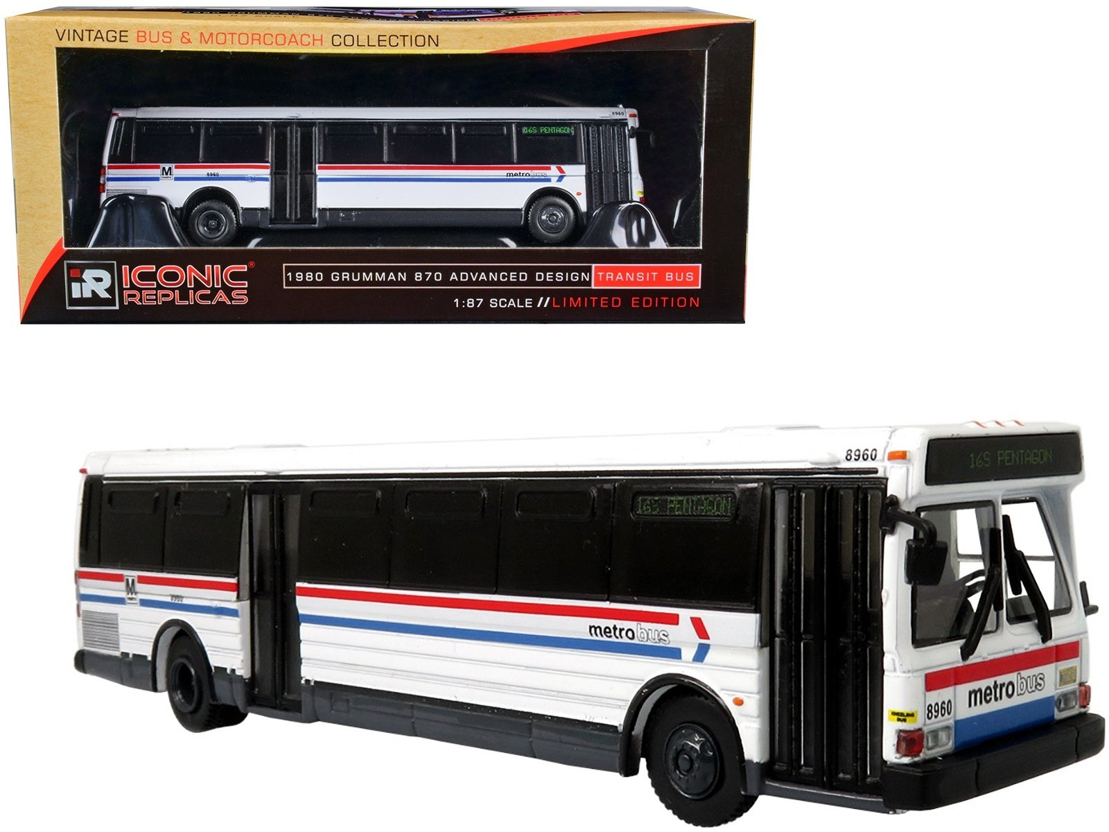 1980 Grumman 870 Advanced Design Transit Bus WMATA (Washington Metropolitan Area Transit Authority) Metro Bus "16S Pentagon" "Vintage Bus & Motorcoach Collection" 1/87 Iconic Replicas Diecast Model collector model product image