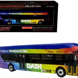 New Flyer Xcelsior XN40 Transit Bus "DASH Pride Livery" Blue with Rainbow Graphics "The Bus & Motorcoach Collection" Limited Edition 1/87 (HO) Iconic Replicas Diecast Model collector model product image