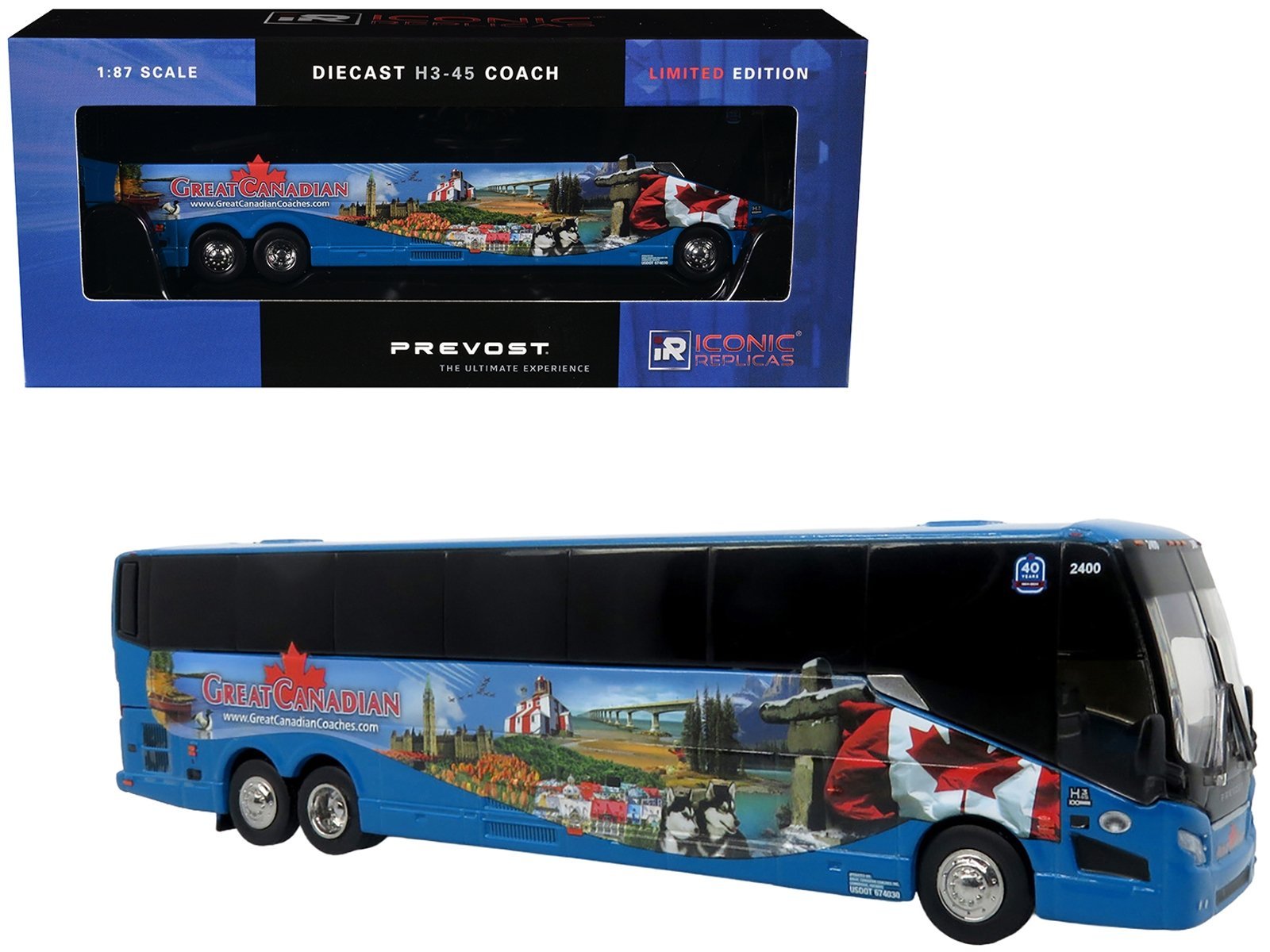 Prevost H3-45 Coach Bus "Great Canadian Coaches" Blue with Graphics Limited Edition 1/87 (HO) Iconic Replicas Diecast Model collector model product image