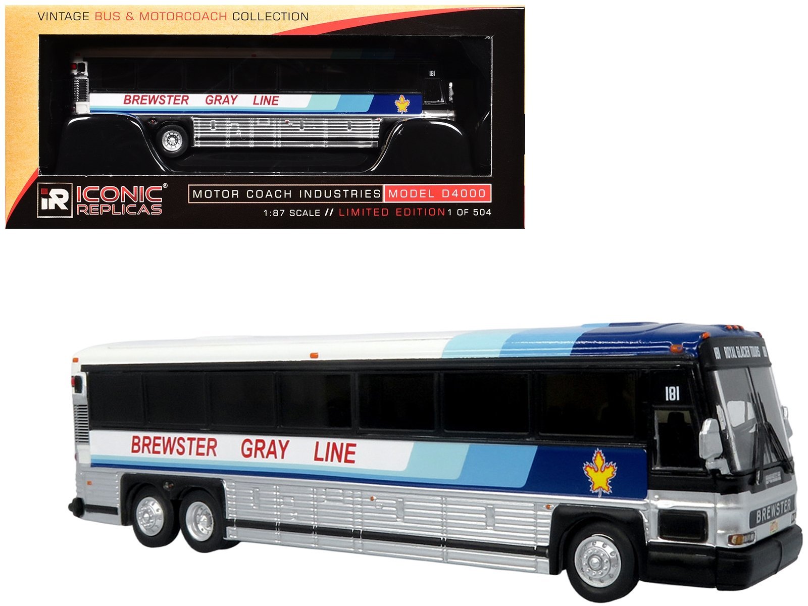 2001 MCI D4000 Coach Bus "Brewster Gray Line" White with Blue Stripes "Vintage Bus & Motorcoach Collection" Limited Edition to 504 pieces Worldwide 1/87 (HO) Iconic Replicas Diecast Model collector model product image