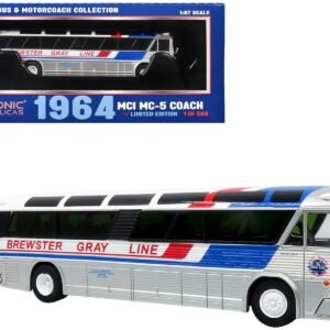 1964 MCI MC-5A Coach Bus "Brewster Gray Line" Silver with Blue and Red Stripes "Vintage Bus & Motorcoach Collection" Limited Edition to 504 pieces Worldwide 1/87 (HO) Iconic Replicas Diecast Model collector model product image