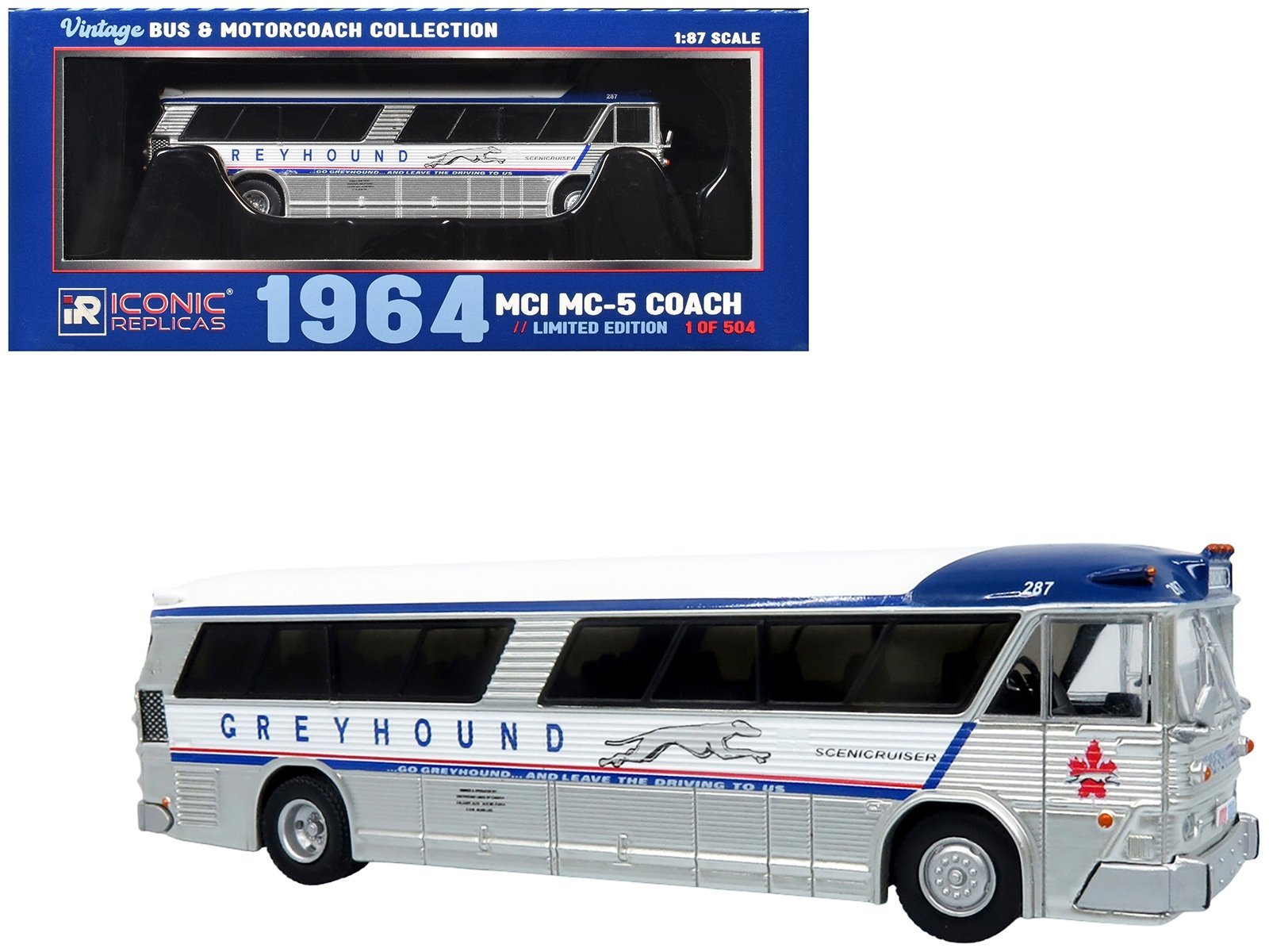 1964 MCI MC-5A Coach Bus "Greyhound Canada" White with Blue Stripes "Vintage Bus & Motorcoach Collection" Limited Edition to 504 pieces Worldwide 1/87 (HO) Iconic Replicas Diecast Model collector model product image