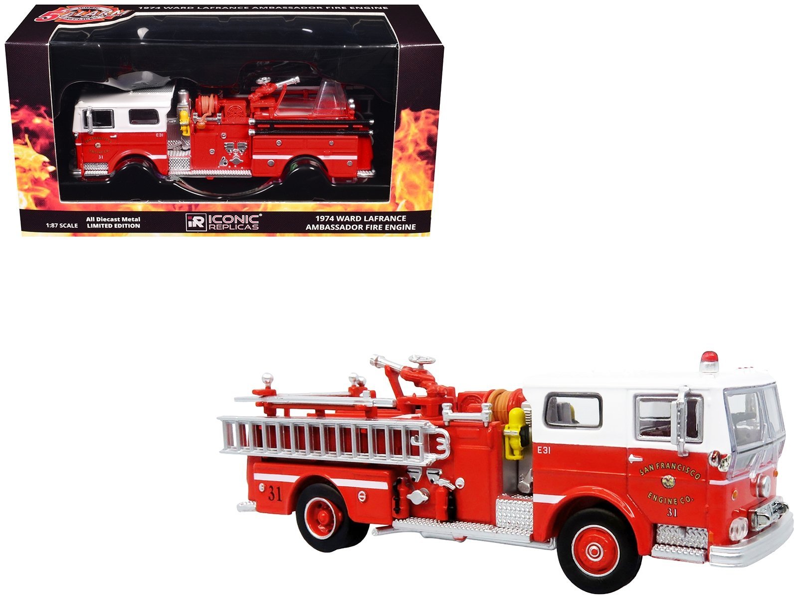 1974 Ward LaFrance Fire Engine "San Francisco Fire Department - Engine 31" Red with White Top "5 Alarm" Series Limited Edition 1/87 (HO) Iconic Replicas Diecast Model collector model product image