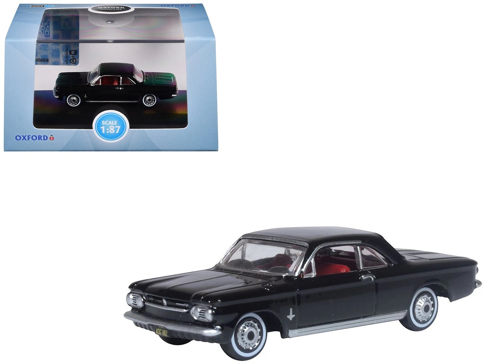 1963 Chevrolet Corvair Coupe Tuxedo Black with Red Interior 1/87 (HO) Scale Car Oxford Diecast Diecast Model collector model product image