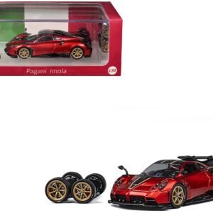 Pagani Imola Red Metallic with Carbon Top and Stripes with Extra Wheels 1/64 Car CM Model Diecast Model collector model product image