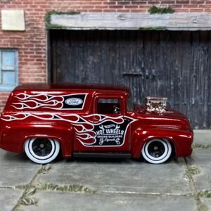 Loose Hot Wheels - 1956 Ford F100 Panel Truck - Hot Wheels Engine Builders Dark Red with Flames