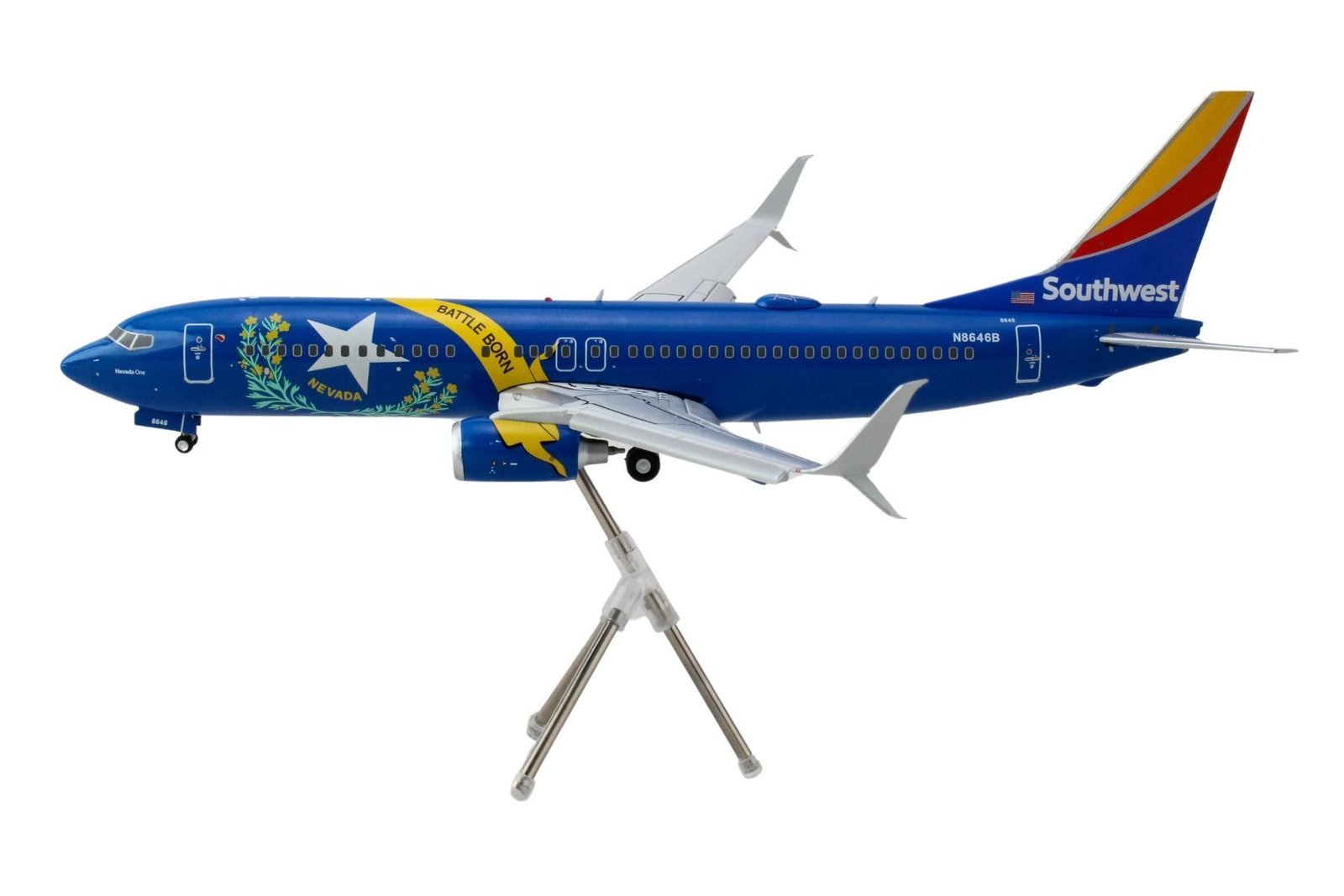 Boeing 737-800 Commercial Aircraft with Flaps Down "Southwest Airlines - Nevada One" (N8646B) Blue with Tail Stripes "Gemini 200" Series 1/200 Airplane GeminiJets Diecast Model collector model product image