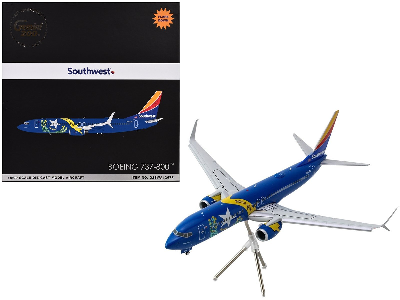 Boeing 737-800 Commercial Aircraft with Flaps Down "Southwest Airlines - Nevada One" (N8646B) Blue with Tail Stripes "Gemini 200" Series 1/200 Airplane GeminiJets Diecast Model collector model product image
