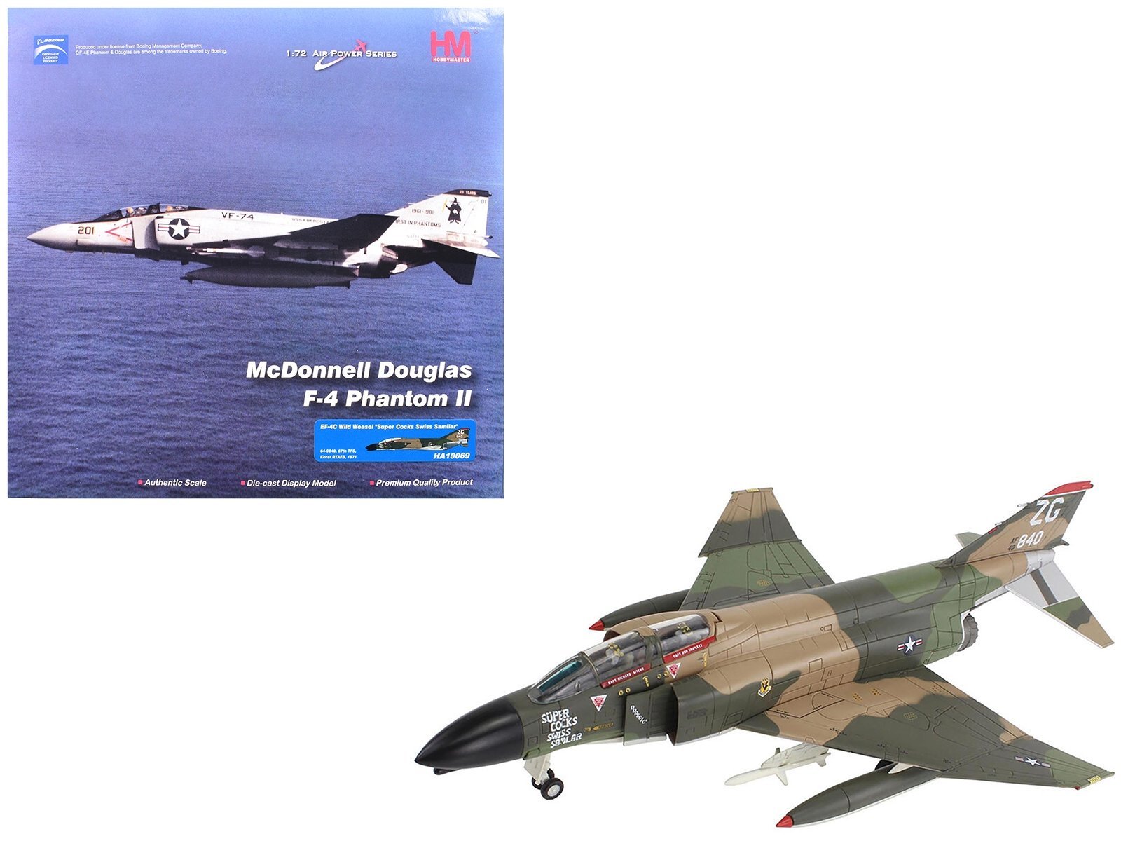 McDonnell Douglas EF-4C Wild Weasel Fighter-Bomber Aircraft "64-0840 67th TFS Korat RTAFB Super Cocks Swiss Samilar" (1971) United States Air Force "Air Power Series" 1/72 Hobby Master Diecast Model collector model product image