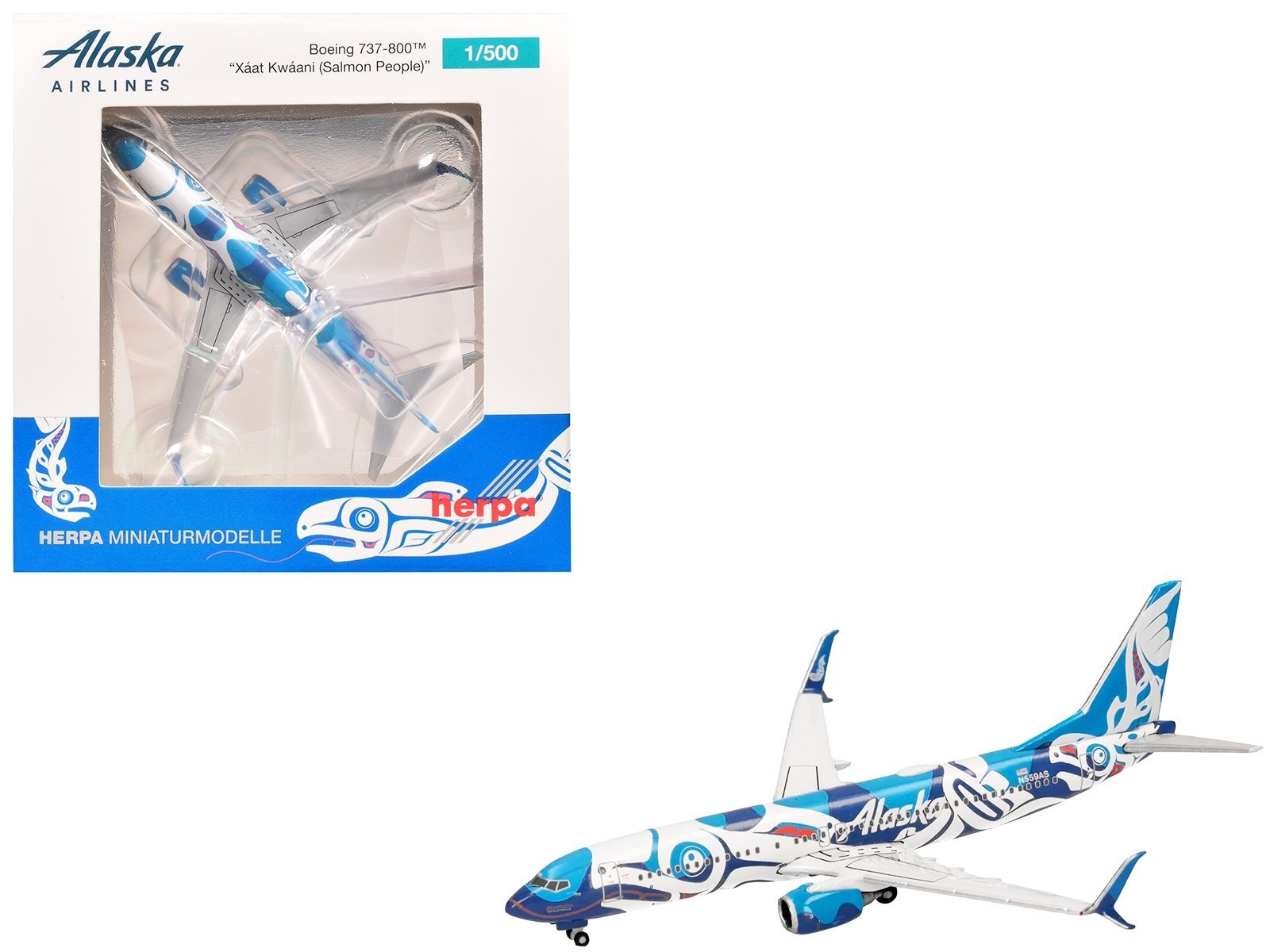 Boeing 737-800 Commercial Aircraft "Alaska Airlines - Salmon People Livery" (N559AS) Blue and White 1/500 Airplane Herpa Diecast Model collector model product image
