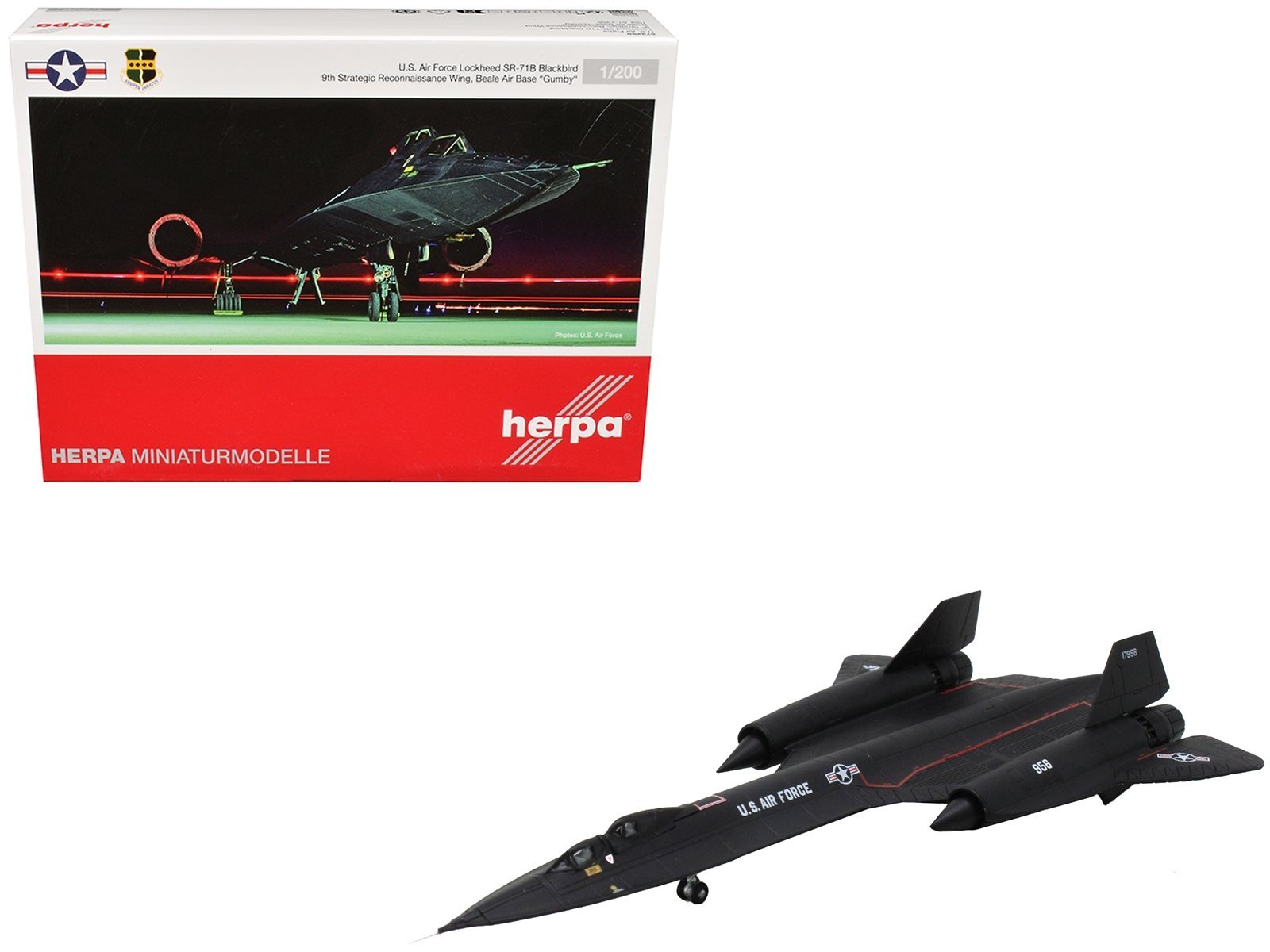 Lockheed SR-71B Blackbird Stealth Aircraft "9th Strategic Reconnaissance Wing Beale Air Base Gumby" United States Air Force 1/200 Airplane Herpa Diecast Model collector model product image