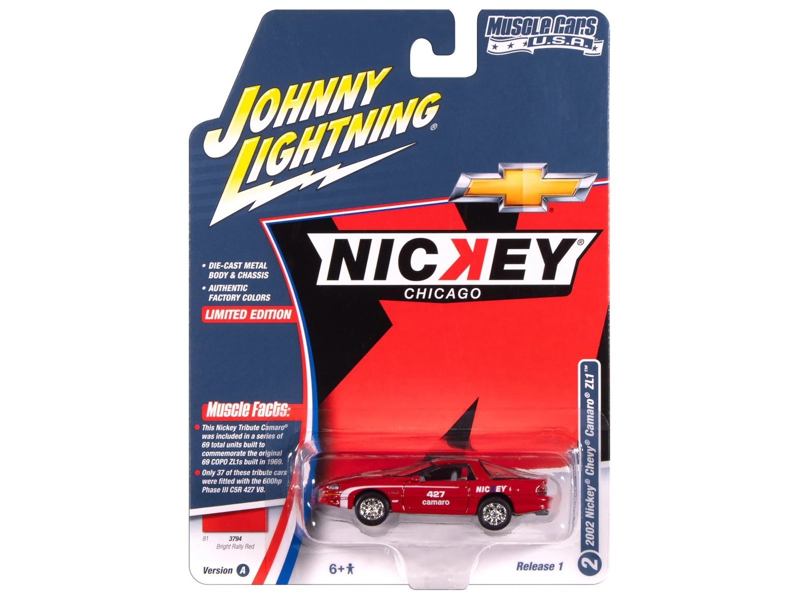2002 Chevrolet Nickey Camaro ZL1 Bright Rally Red with White Stripes "Muscle Cars USA" Series 1/64 Car Johnny Lightning Diecast Model - Image 3