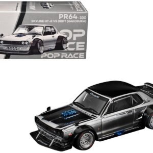 Skyline GT-R V8 Drift "Hakosuka" RHD (Right Hand Drive) Silver Chrome with Black Hood and Top 1/64 Car Pop Race Diecast Model collector model product image