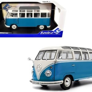 1962 Volkswagen T1 Samba Bus Baby Blue and White 1/18 Diecast Model