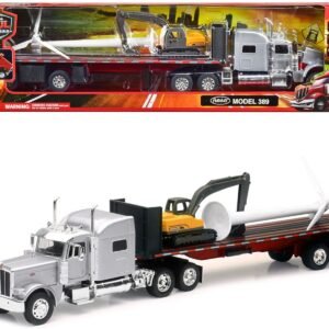 Peterbilt 389 Truck with Flatbed Trailer Silver Metallic with Excava
