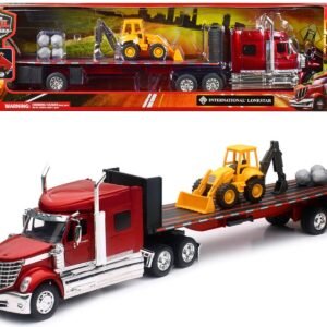 International Lonestar Truck with Flatbed Trailer Red Metallic with