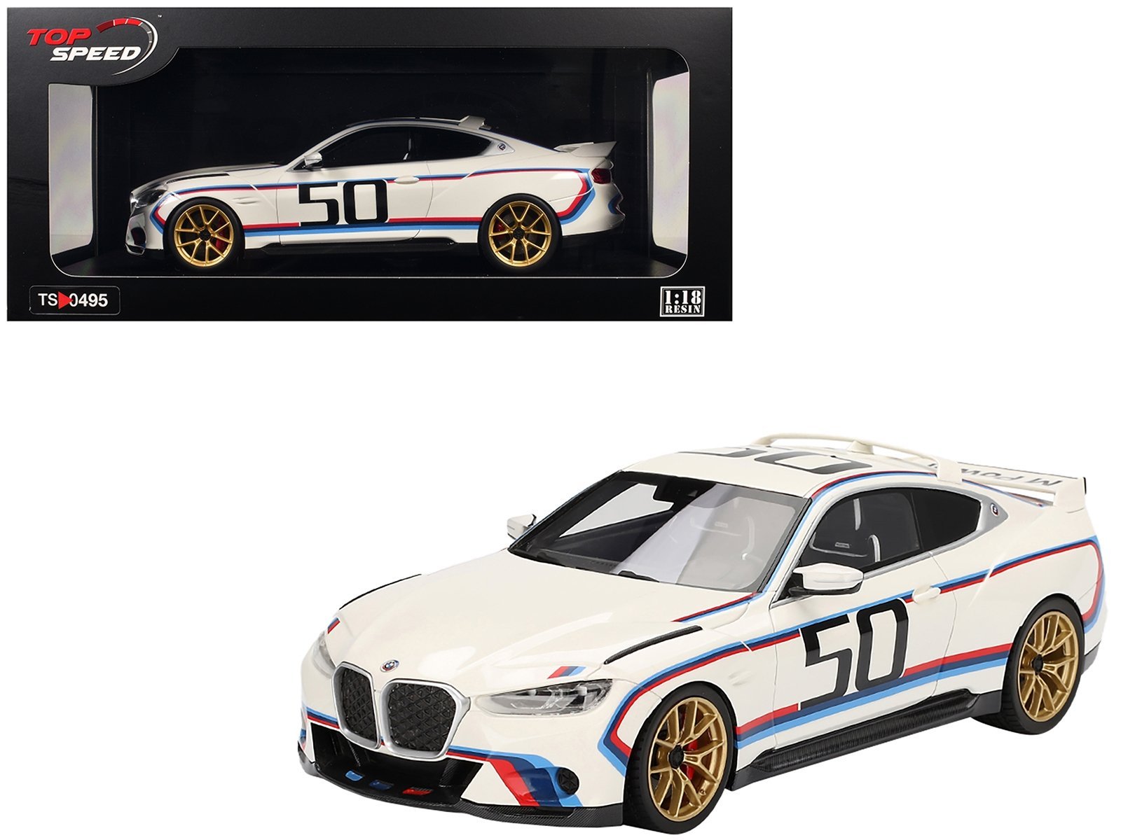 BMW M4 3.0 CSL #50 White with Blue and Red Stripes 1/18 Model Car Top Speed Diecast Model collector model product image