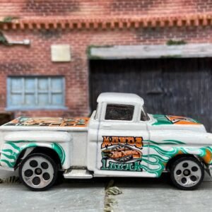 Loose Hot Wheels 1956 Chevy Pick Up Truck Dressed in White, Green and Orange Lathien