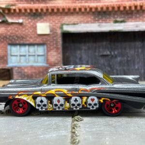 Loose Hot Wheels: 1957 Chevy Dressed in Gray and Black with Skulls and Flames